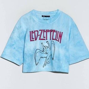 NWT Zara Led Zeppelin blue tie dye crop top band tee t-shirt small